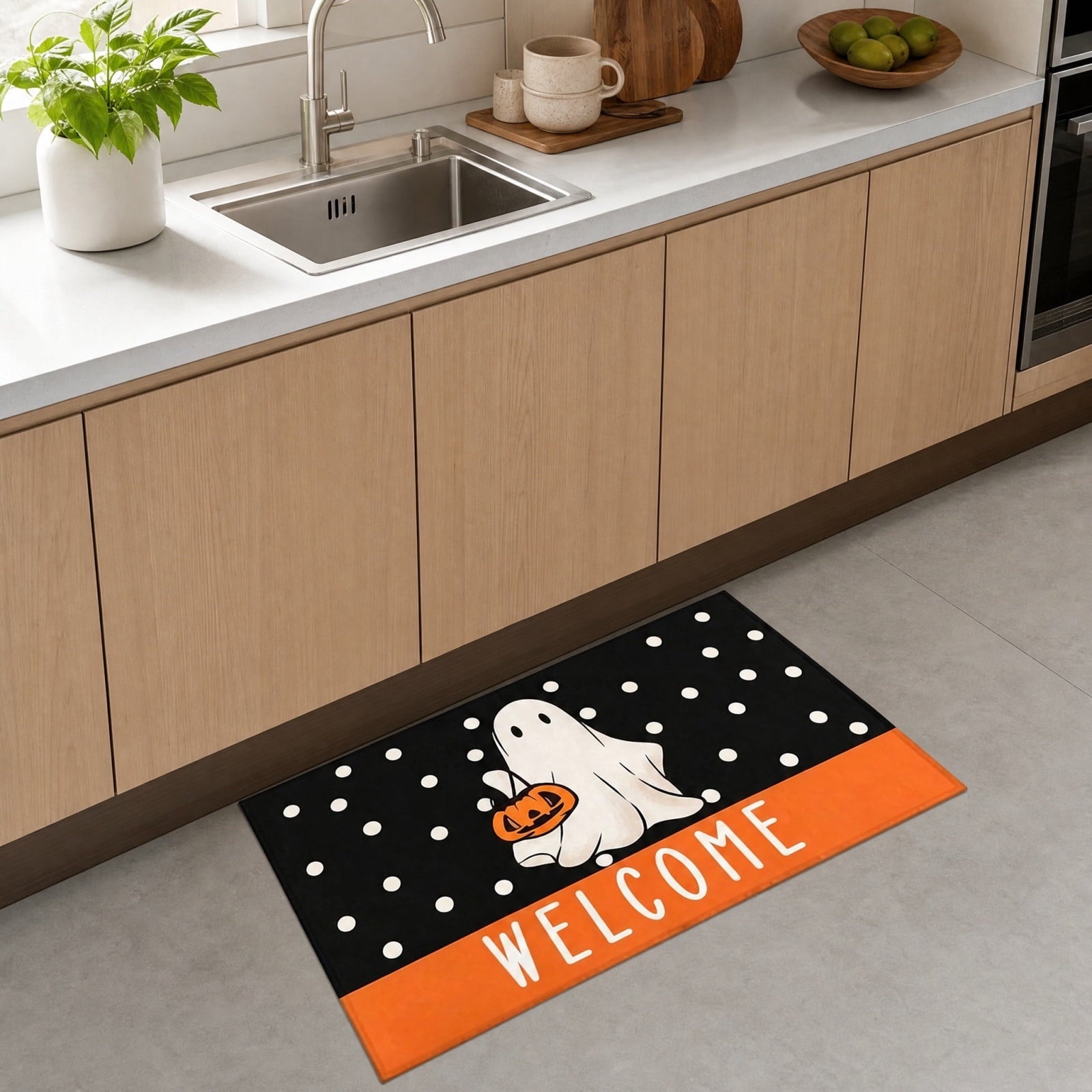 Halloween Ghost Welcome Printed Doormat, Entrance Rug with Skidproof Rubber Backing for Halloween Front Porch Entryway Indoor Outdoor Decor,50x80cm