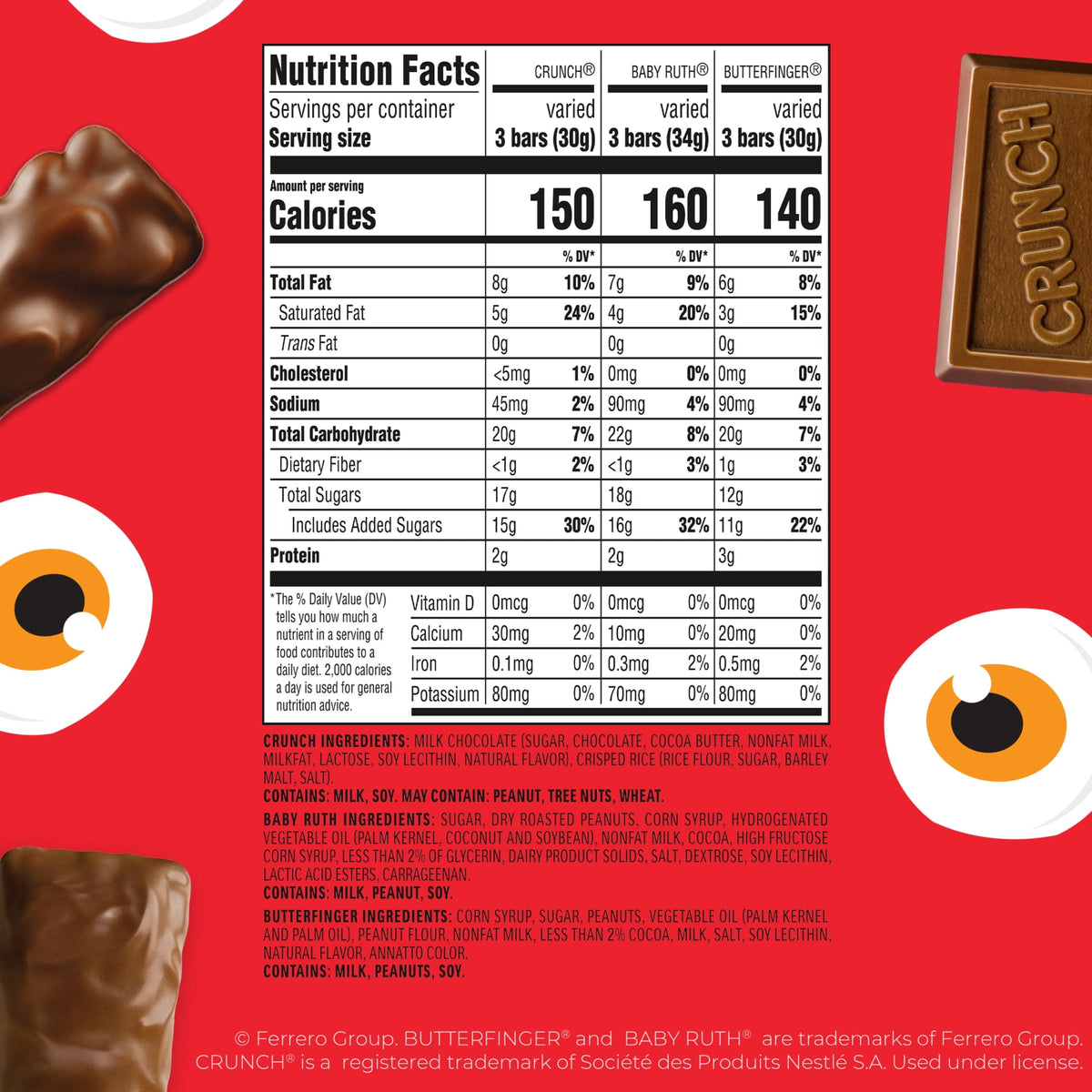 Butterfinger, CRUNCH, Baby Ruth, Assorted Halloween Candy Bag, 60 Count, 22 oz