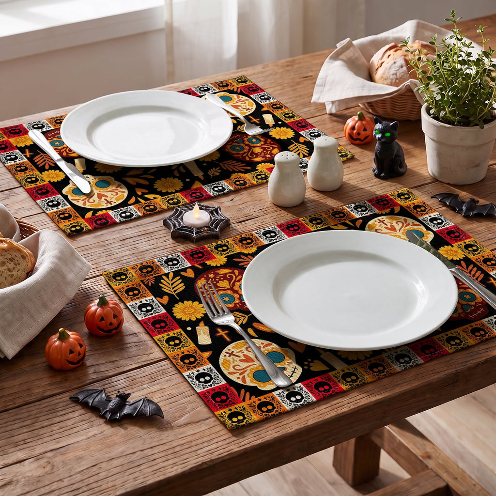 Smile Jack-O'-Lantern Spider Web Halloween Table Placemats Set of 4 Round 15 Inch Black