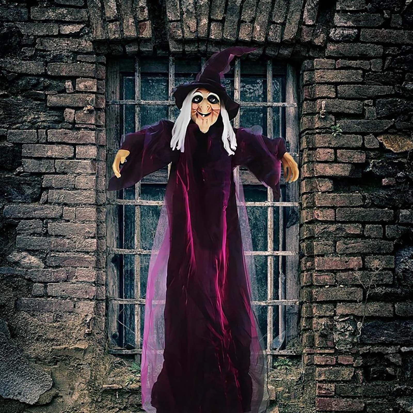 Halloween Animatronics Witch Decorations, 6 FT Hanging Witch Halloween Decor, Giant Animated Standing Talking Witch with Red Eyes, Flying Witch Standing Decor for Scary Decors Prop