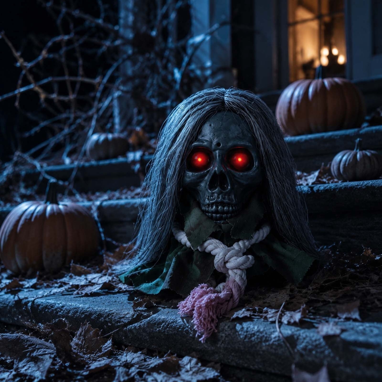 Animated Walking Skull Head with Light-Up Red Eyes Creepy Moving Halloween Prop with Long Grey Hair Horror Music Motorized Resin Decoration for Party Yard Indoor Outdoor Spooky Decor Gift