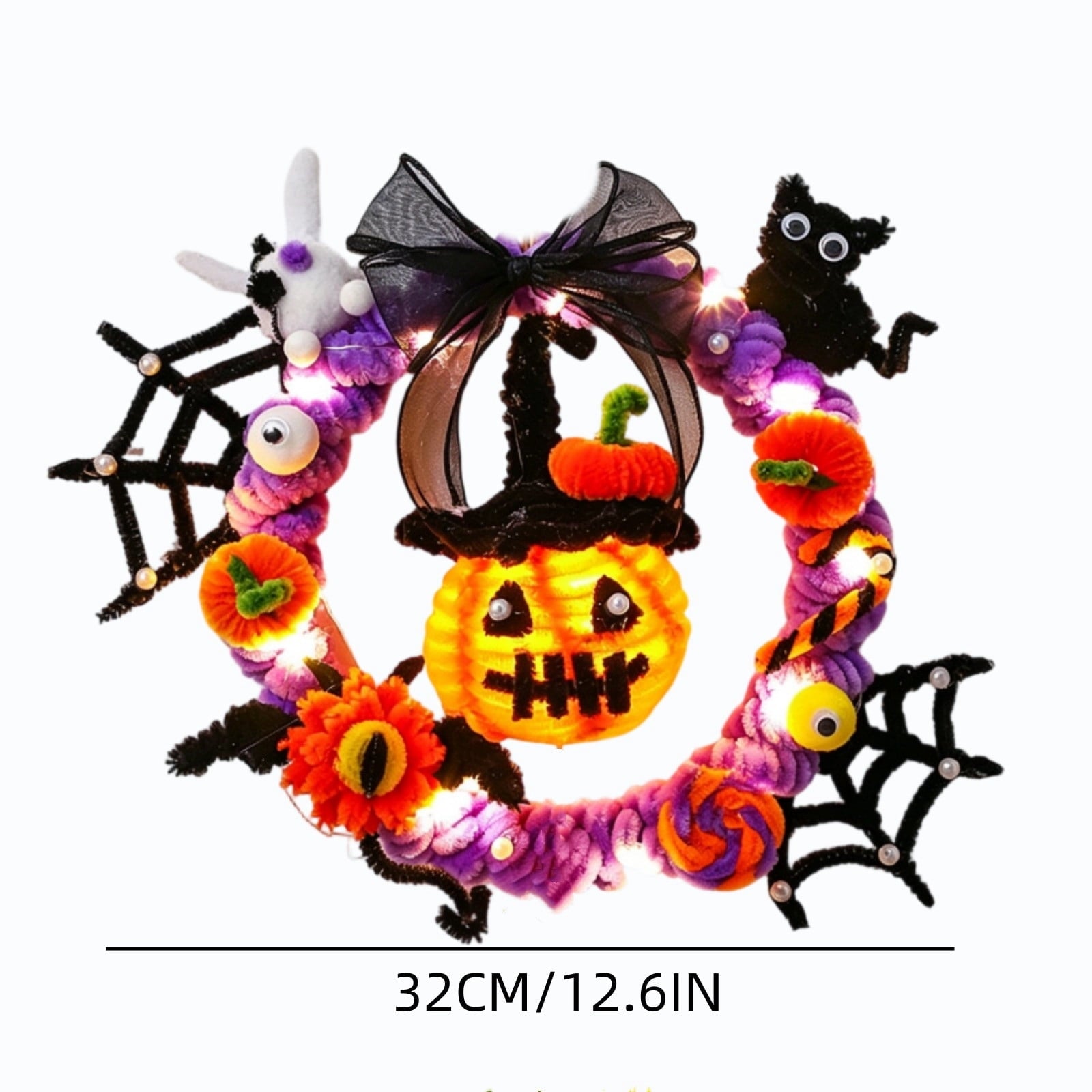 WWC Halloween Wreath, Orange LED Pumpkin and Bats Wreath, Gothic Halloween Decorations Wreath for Front Door, Indoor Outdoor Party Decor