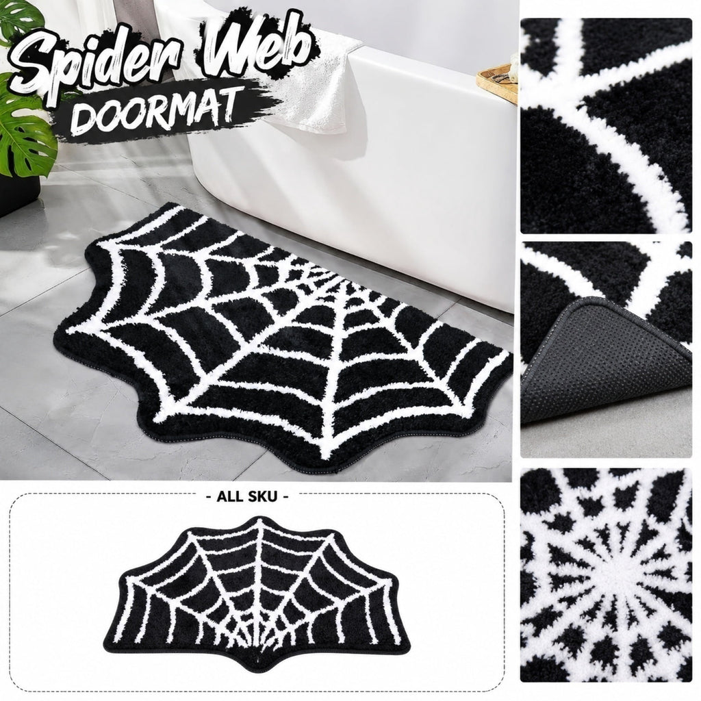 Halloween Rug, Spiderweb Floor Mat, Non-Slip Soft Pile Halloween Decoration Carpet for Non-Slip Indoor/Outdoor Doormat For Party Decoration