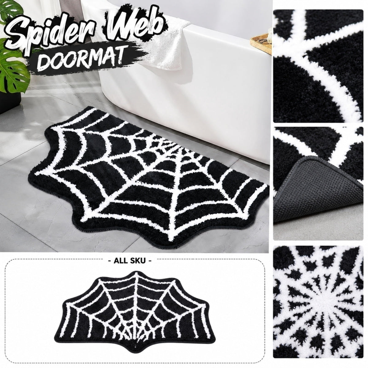 Halloween Rug, Spiderweb Floor Mat, Non-Slip Soft Pile Halloween Decoration Carpet for Non-Slip Indoor/Outdoor Doormat For Party Decoration