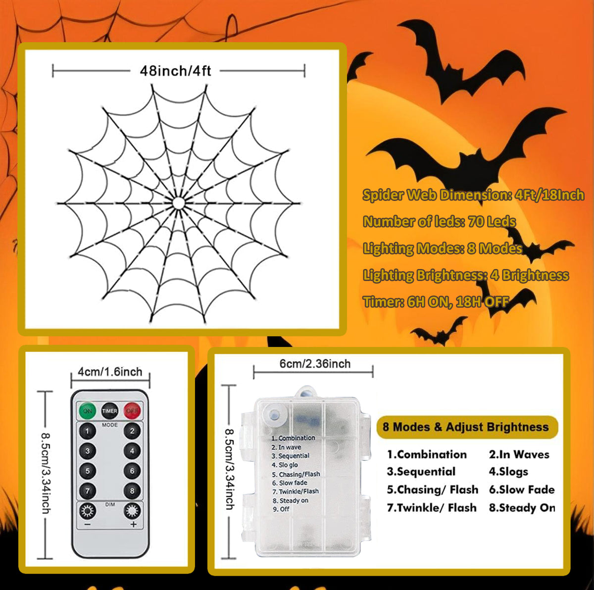 PMMIPNW Halloween Light Spider Web Lights 70 LED, Halloween String Lights Battery Operated with 8 Modes, Retro Haunted for Bedroom, Bar, Haunted House, Wall Halloween Decoration, Purple