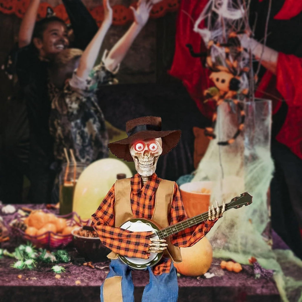 Dueling_Banjo Skeletons, 2025 Funny Animated Dueling_Banjo Halloween Skeletons, Country Skeleton Musicians with Light up Eyes for Halloween Decoractions Indoor Home Decor (Red&Yellow,2Pcs)