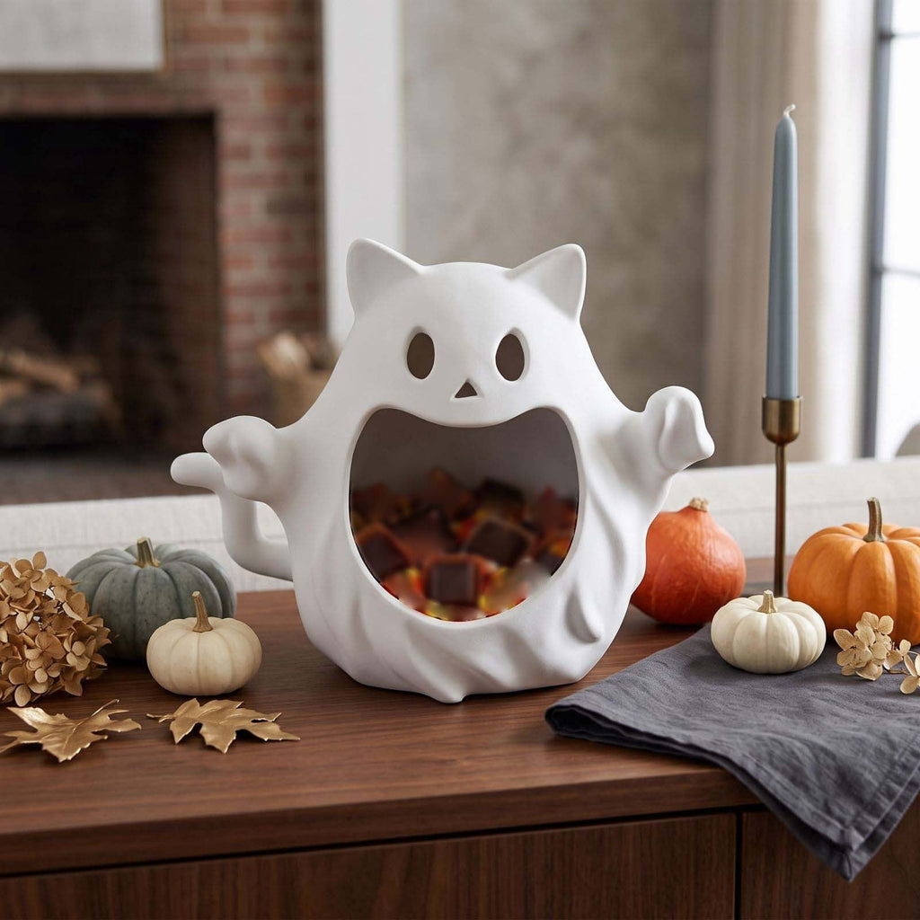 Diceymbol Halloween Pumpkin Snack Bowl Stand Collapsible Broomstick Candy Tray for Cupcakes & Desserts, Resin Serving Platter with Ceramic Pumpkin Bowls