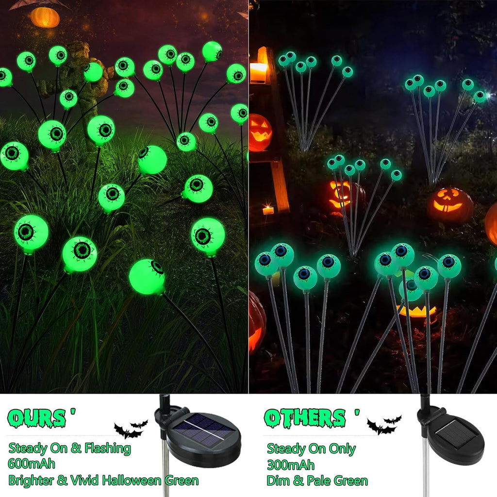 Morfone Halloween Decorations Outdoor, 2 Pack 12 LEDs Solar Scary Eyeball Lights, Waterproof Eyeball Swaying Firefly Lights, Halloween Path Lights for Garden Yard Party, Green
