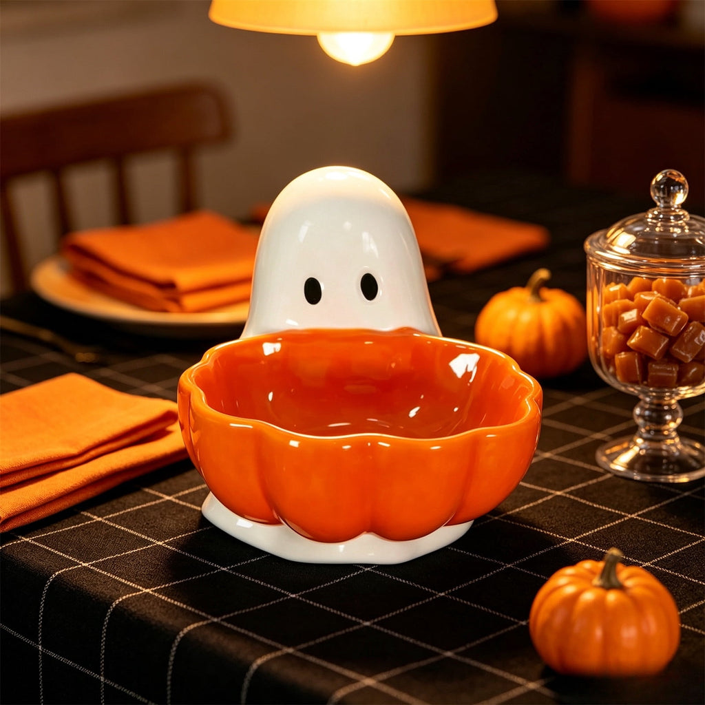 Diceymbol Halloween Pumpkin Snack Bowl Stand Collapsible Broomstick Candy Tray for Cupcakes & Desserts, Resin Serving Platter with Ceramic Pumpkin Bowls