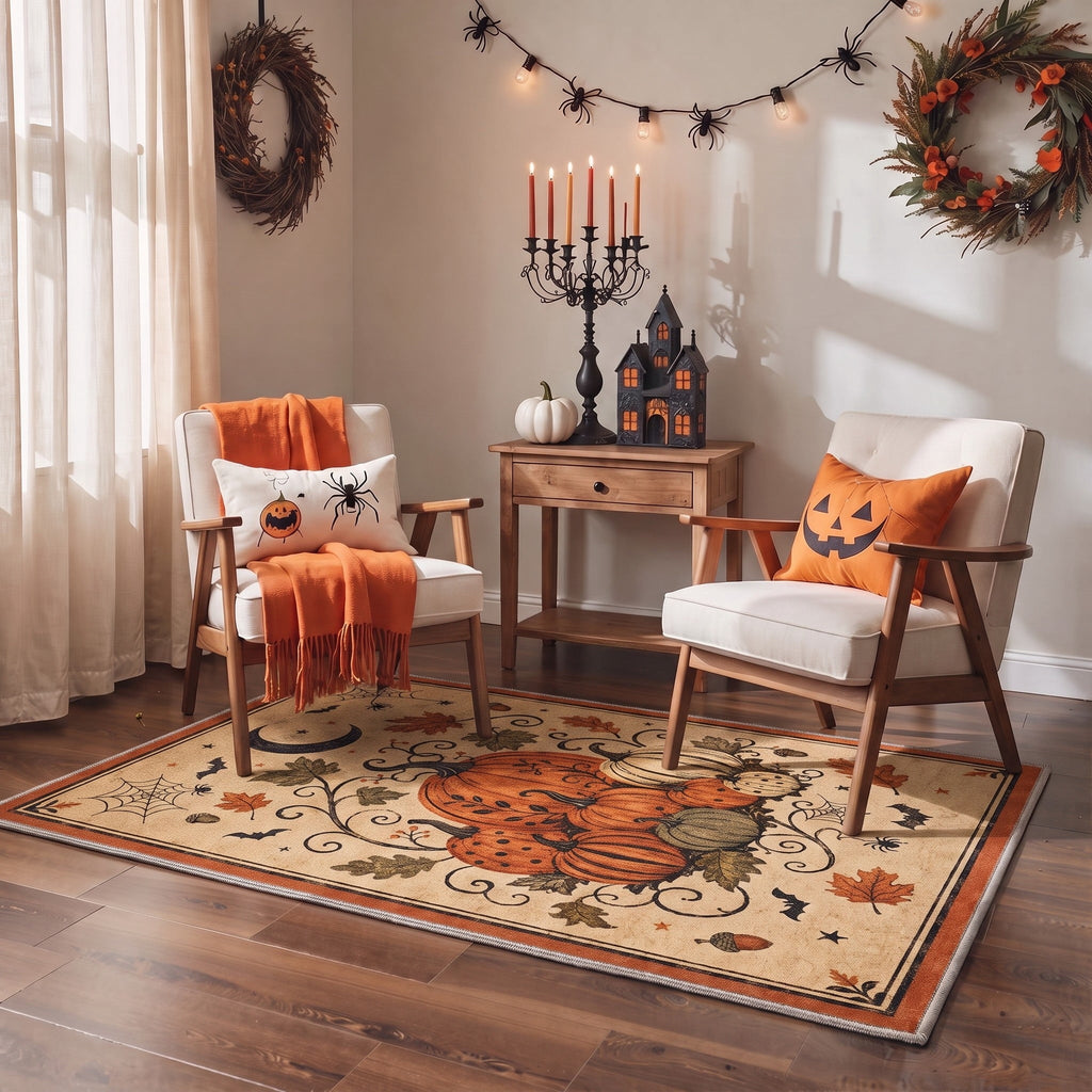 GENIMO 2'x7' Halloween Runner Rug, Washable Non Slip Soft Farmhouse Pumpkin Indoor Outdoor Hallway Runner for Porch Patio Kitchen Entryway, Vintage Sepia