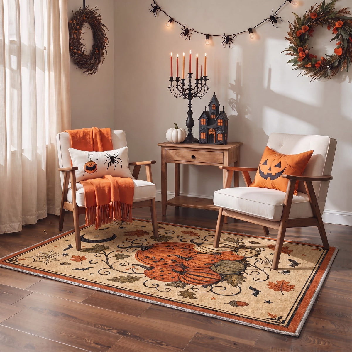 GENIMO 2'x7' Halloween Runner Rug, Washable Non Slip Soft Farmhouse Pumpkin Indoor Outdoor Hallway Runner for Porch Patio Kitchen Entryway, Vintage Sepia