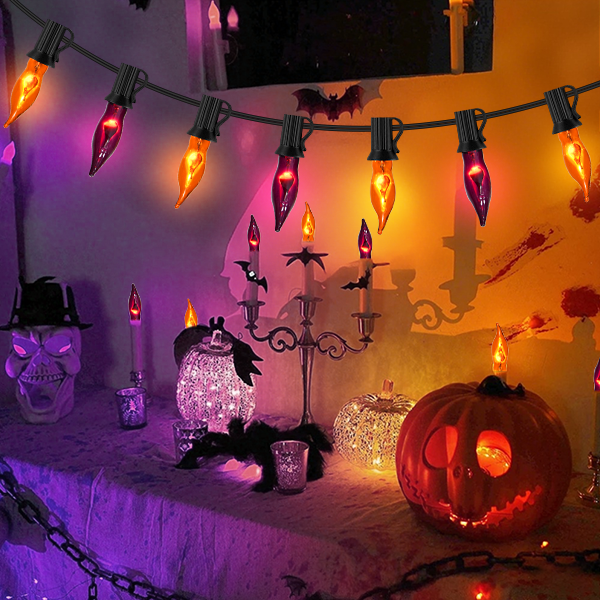 Halloween Lights Flickering Flame String Lights with 12 Pack C7 Orange Flame Light Bulbs (2 Spare), 12.8Ft Orange Flame String Lights for Indoor Outdoor Home Party Yard Halloween Decorations