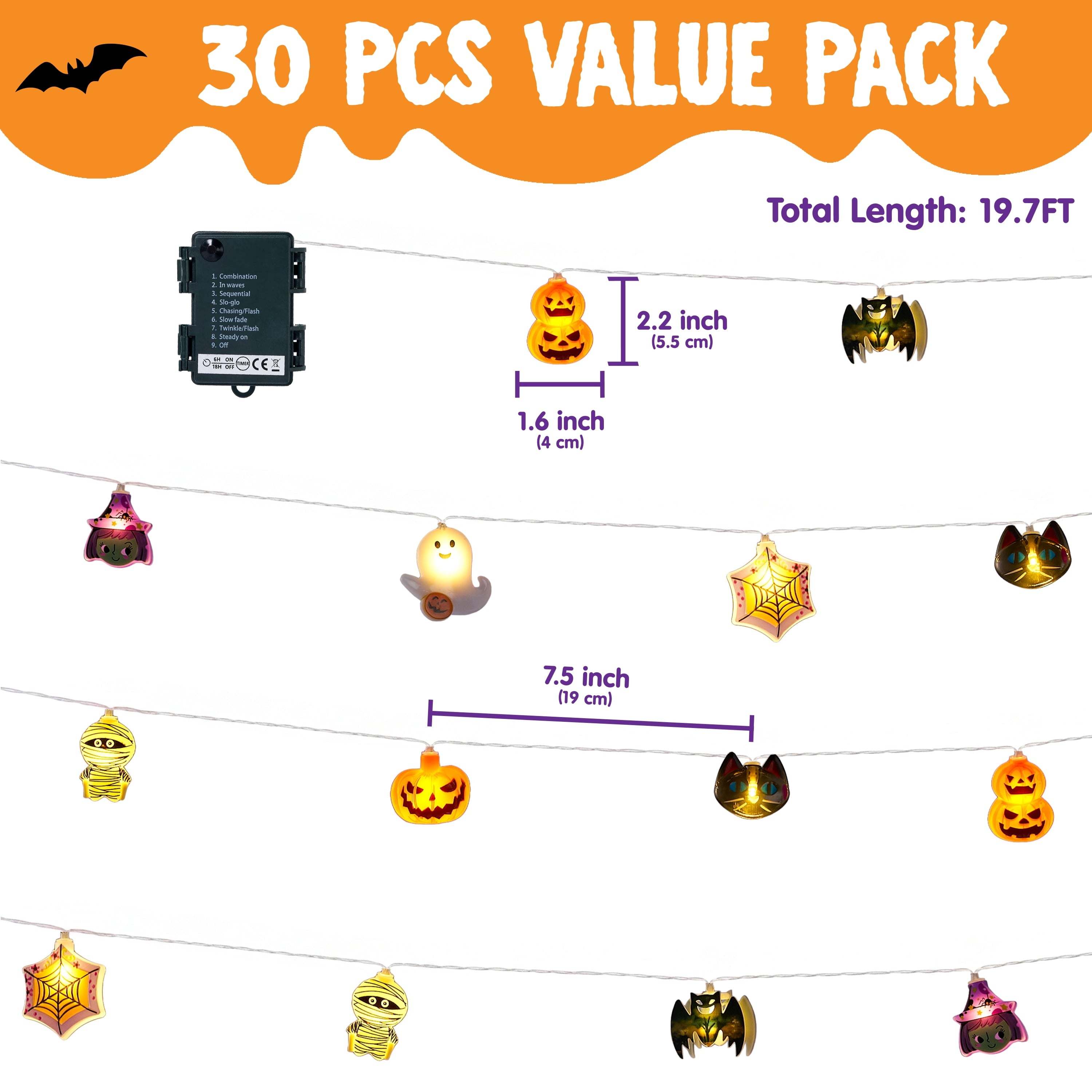 Joyfy 19.7ft Halloween Lights,30 LED Waterproof 3D Pumpkin Ghost Battery Operated String Lights with Timer 8 Lighting Modes Fairy Light for Window Indoor Outdoor Decor Halloween Party Decorations