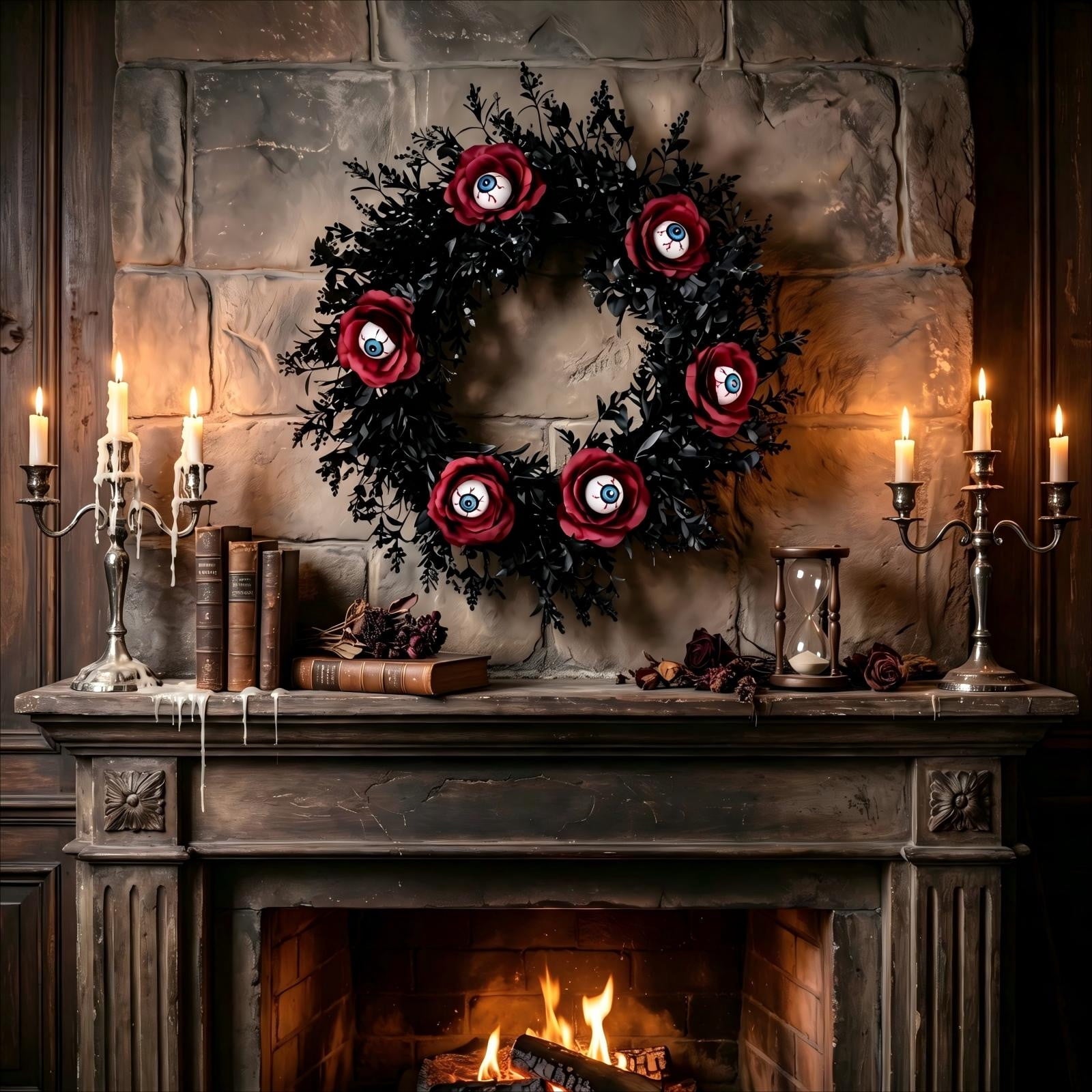 Gcvizuso Halloween Wreath with LED Light String, Purple Rose Black Crow Oval Spooky Twig Wreath for Front Door Window Fireplace Decor