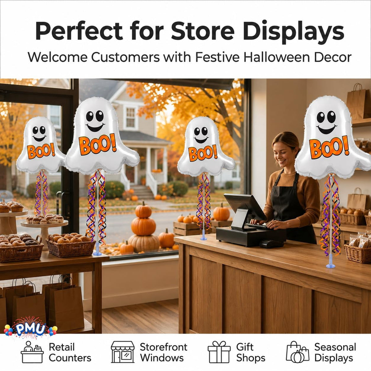 PMU Halloween Pre-Inflated Balloons "Whimsical Pumpkin" 9 Inch Air-Filled Pre-inflated with a Cup and a Stick (1/Pkg) Pkg/1