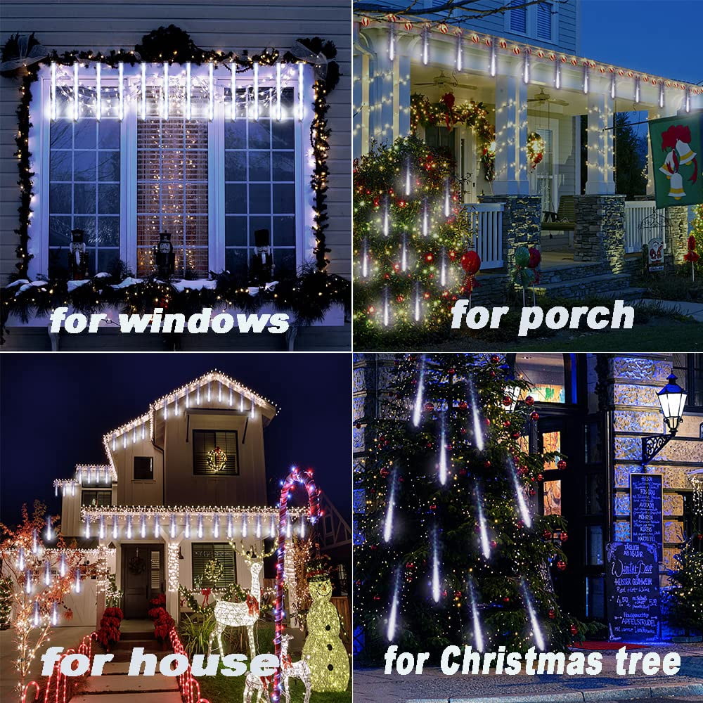 Kwaiffeo Christmas Lights, Meteor Shower Lights 12 inch Rain Falling Icicle Lights for Xmas Tree Halloween Decoration Wedding Party, Christmas Decorations Outdoor Yard, UL Plug Warm White
