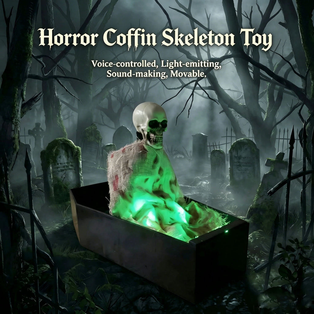 Voice Activated Animated Skeleton over Tombstone, Halloween Decorations Animatronic Coffin Skeleton Toys with Green Light, for Indoor or Covered Outdoor Use, Spooky Summerween Party Decor