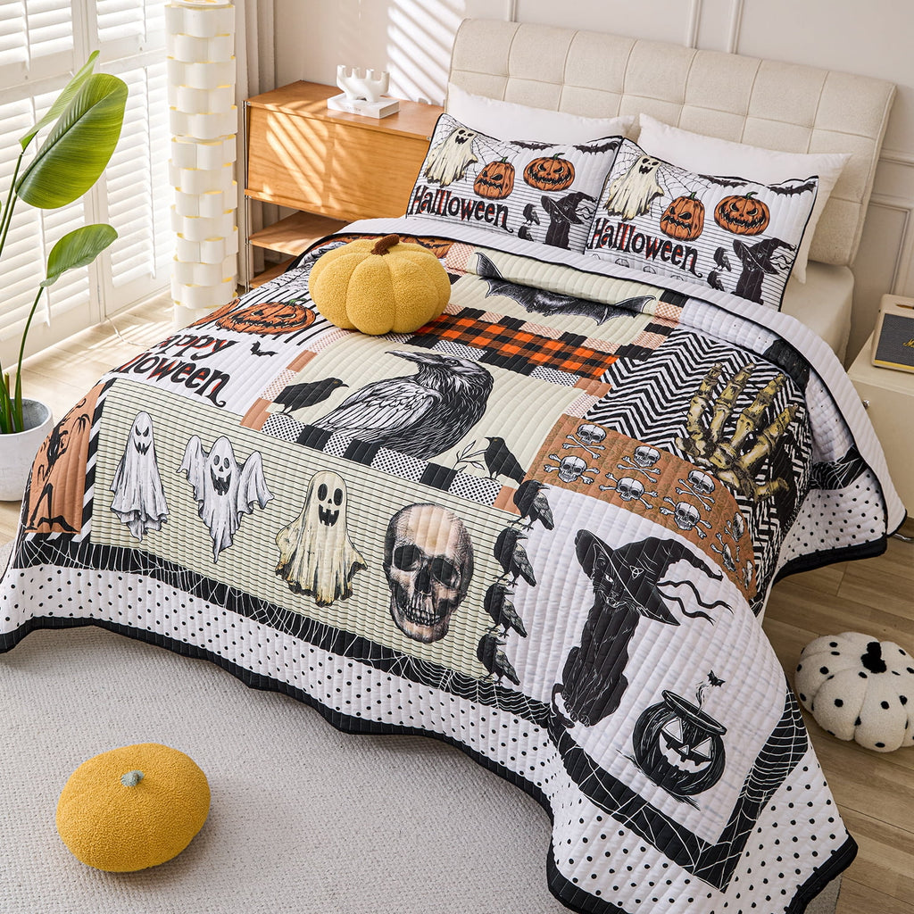 Evenhug Halloween Quilt Set,3-Piece Queen Size Bat Crow Pumpkin Halloween Themed Bedding Set Reversible Coverlet Set with 2 Pillow Shams