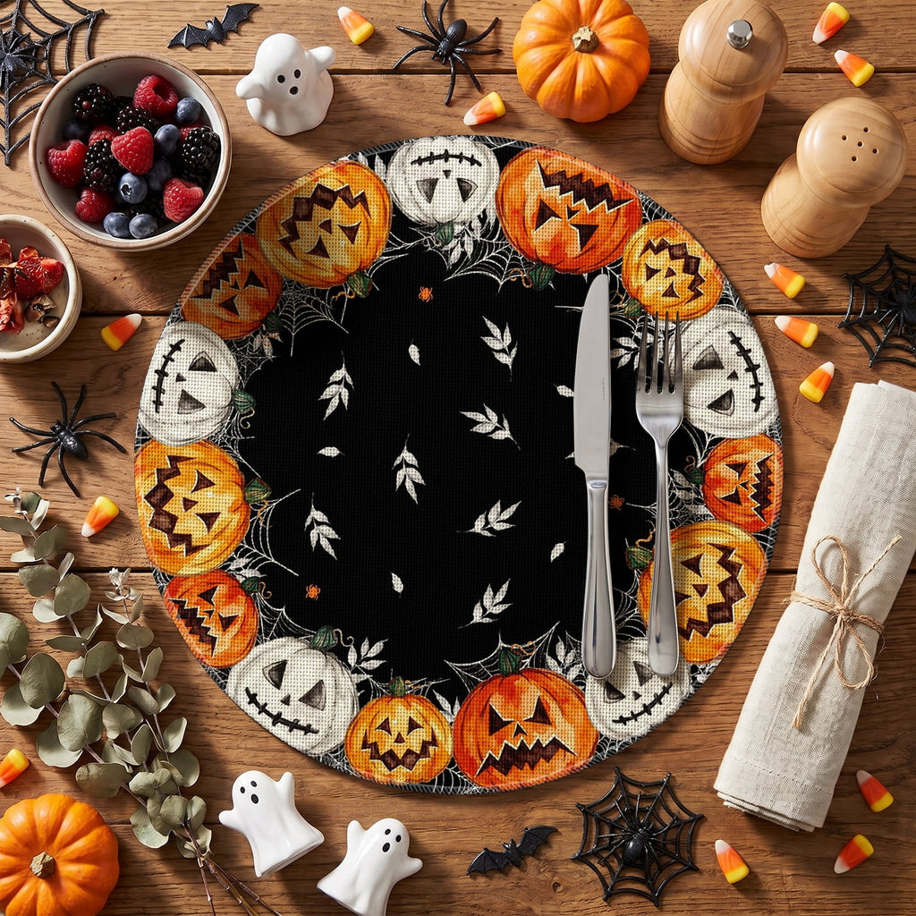 Smile Jack-O'-Lantern Spider Web Halloween Table Placemats Set of 4 Round 15 Inch Black