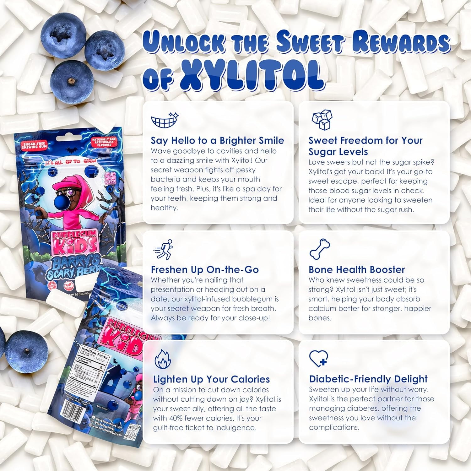 Bubblegum Kids Sugar-Free Gum, Healthy Xylitol, Blueberry, 1 Pack, 55 Pieces