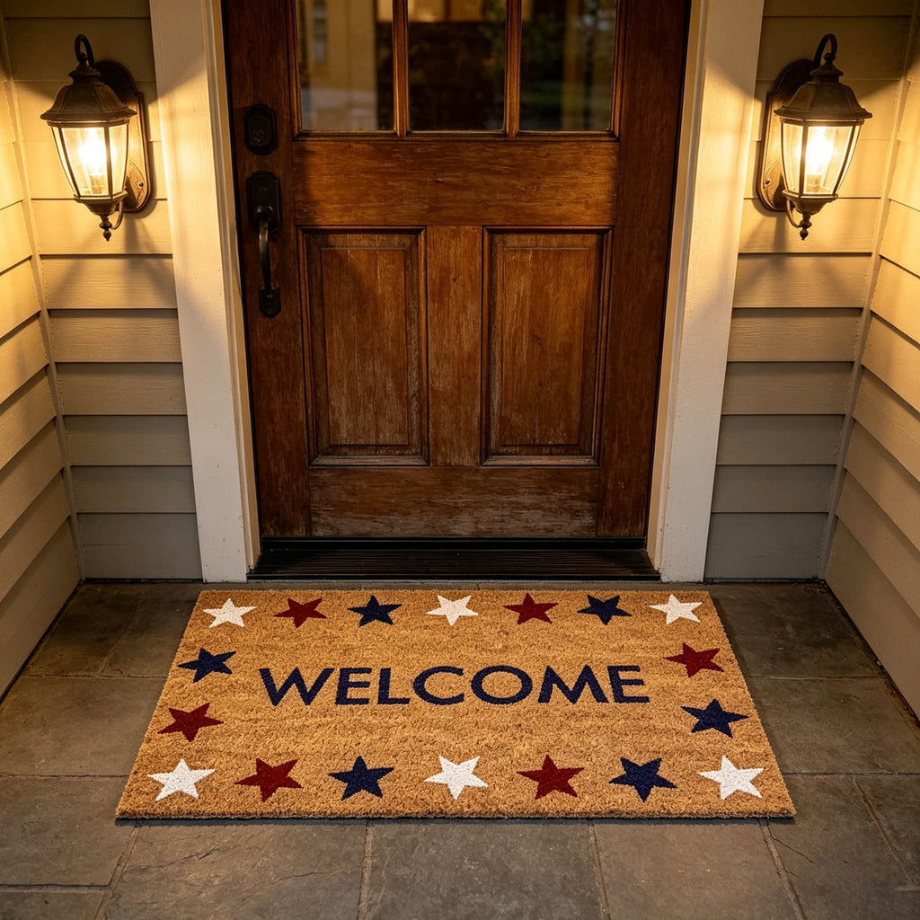Patriotic Door Mat 4th of July Bow Flag Floor Doormats Independence Day Star Welcome Non Slip Mats for Front Porch Decor 16*24in Black