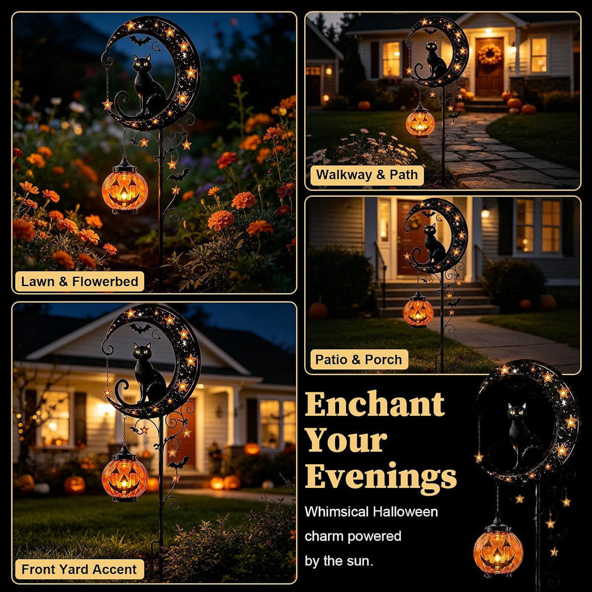 Solar Halloween Black Cat & Pumpkin Moon Garden Stake Light | Waterproof Metal Black Cat Yard Ornament, Auto On Off Solar Outdoor Light, Fall Halloween Decor Stake for Lawn Patio Pathway