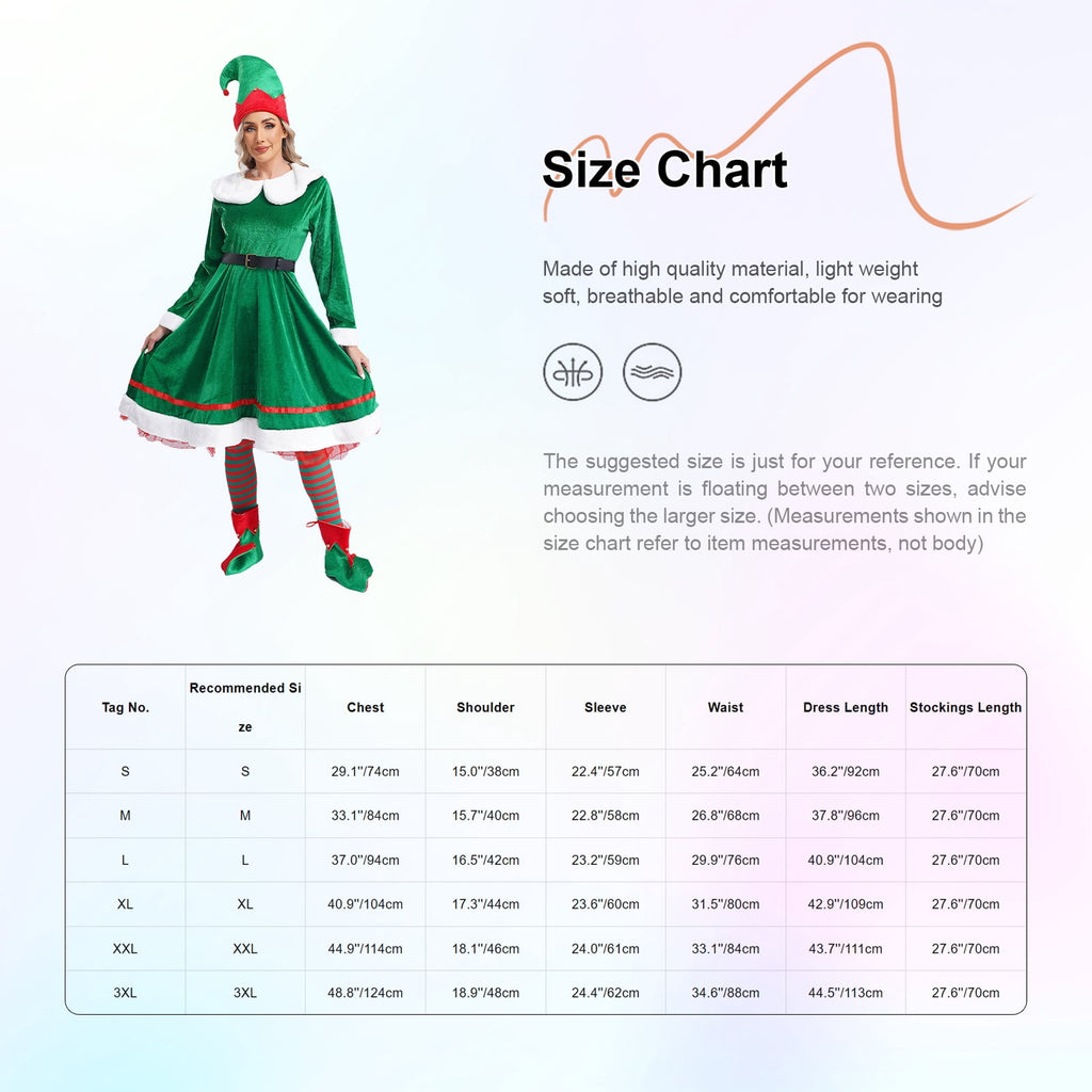 vastwit Womens Christmas Elf Dress Velvet Dress with Elf Hat Belt Striped Stockings Shoes Green L