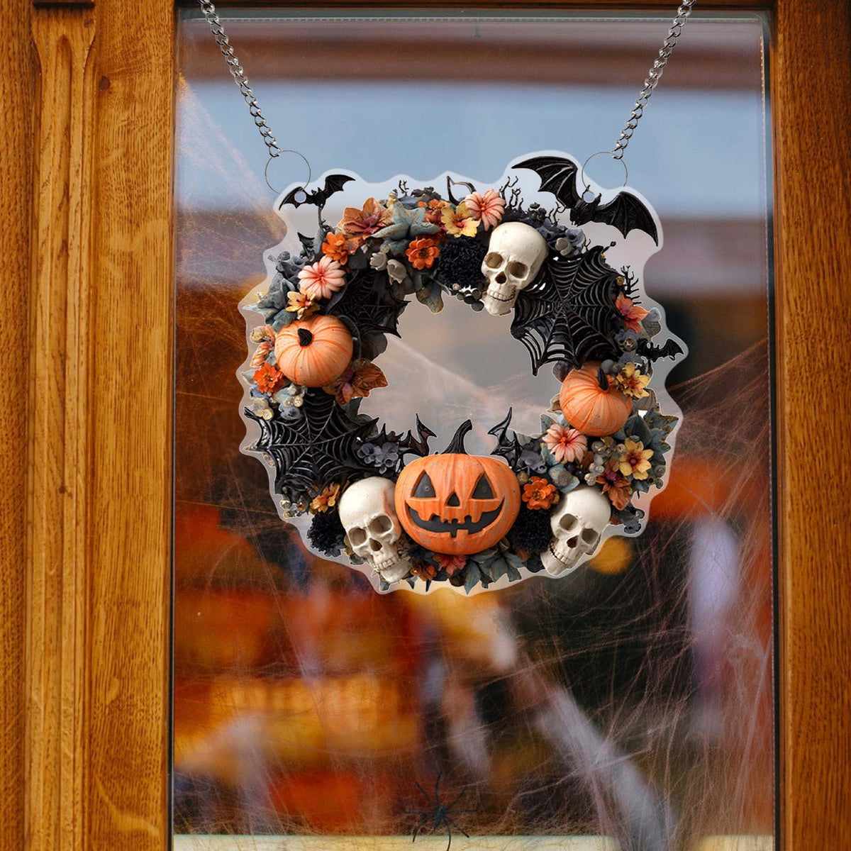 Btomtd Diameter 8" Pumpkin Skull Wreath Halloween Decor Acrylic Round Disk Hanging Ornament with Garland for Front Door Window, A