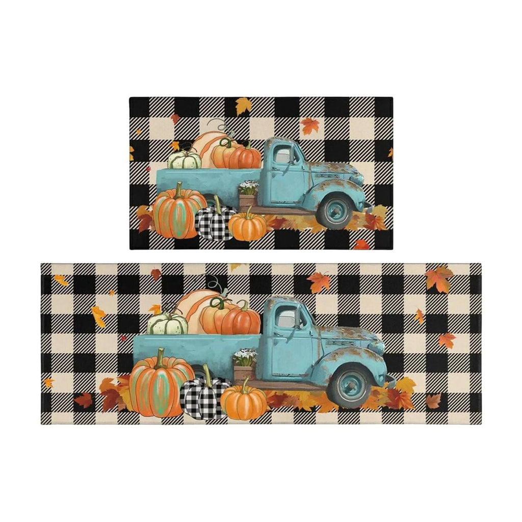 HOARBOEG Kitchen Floor Mat, Halloween Thanksgiving Fall Floor Mats 2-Piece Set - Non-Slip Pumpkin Maple Leaf Decor Rug for Bathroom Kitchen Porch Entrance, Holiday Home Decor