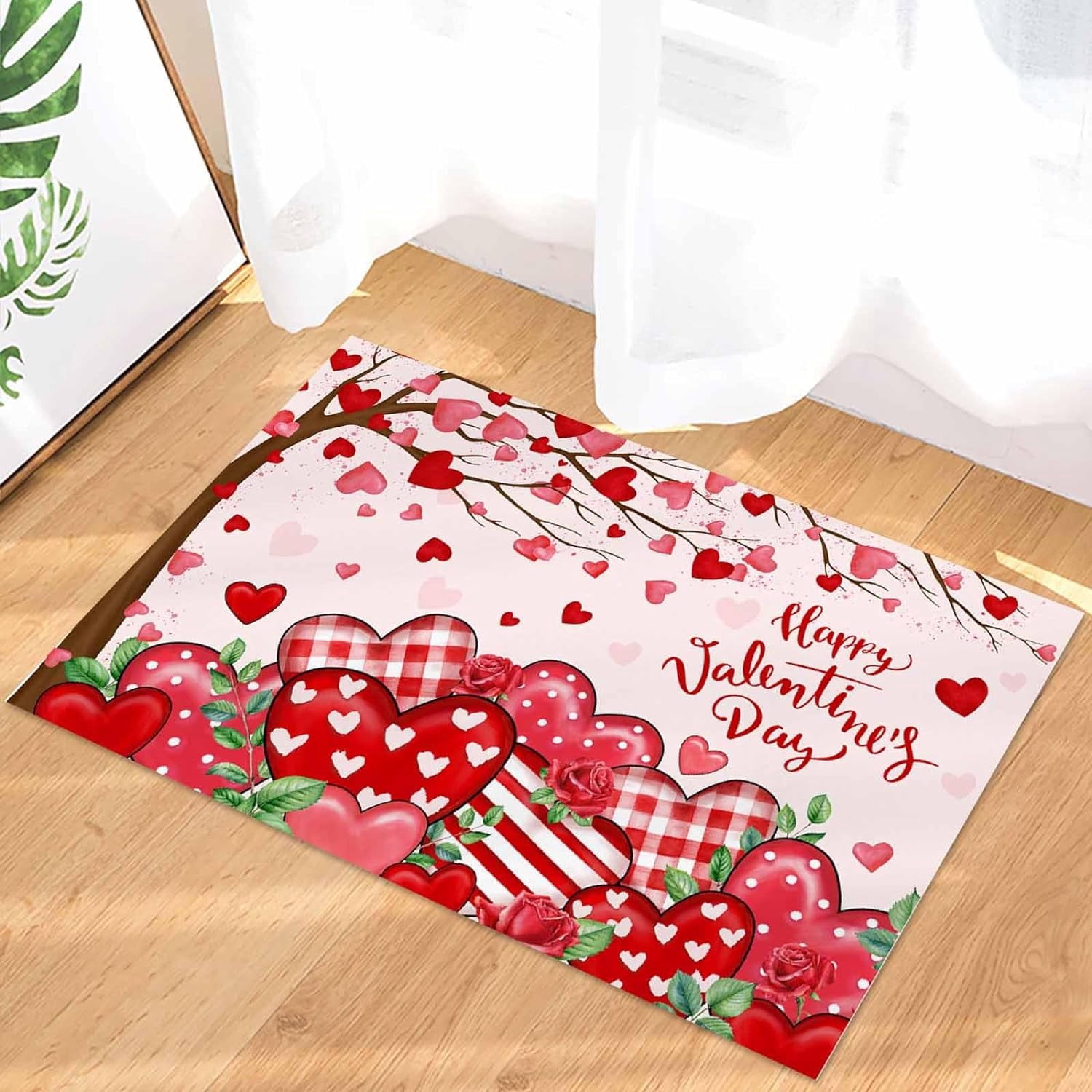 Christmas Snowman Trees Entrance Door Mat, Red Plaid Low Profile Tradition Christmas Decor Welcome Doormat, Non-Slip Carpet Rugs Floor Mat Decorative for Home/Bathroom/Kitchen - 20"x31.5"