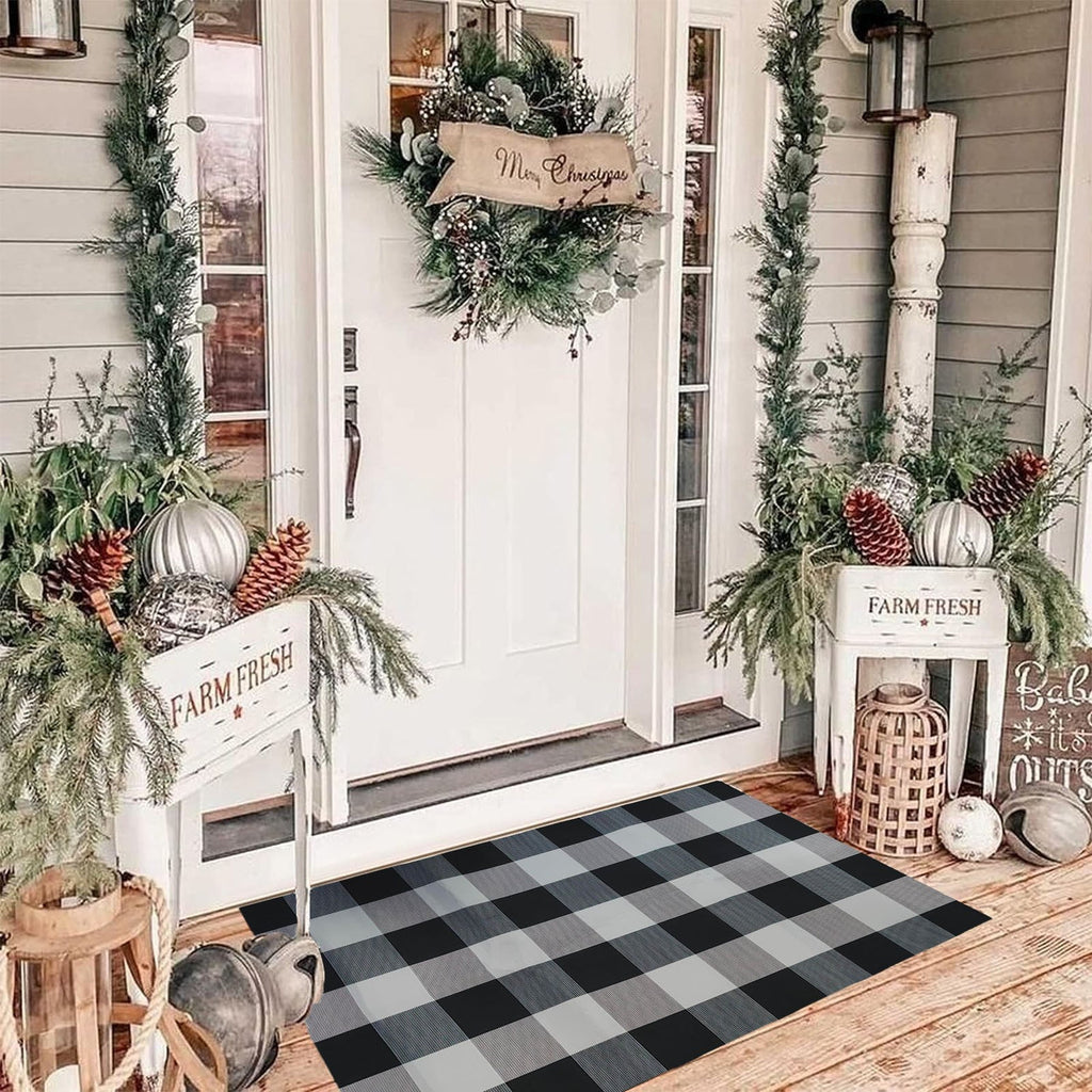 Fnochy Halloween Door Mat Outdoor 23.6"x35.4", Fall Decor Buffalo Plaid Outdoor Rug, Farmhouse Checkered Layered Welcome Door Mat for Entryway, Halloween Front Porch Decor, Orange and White