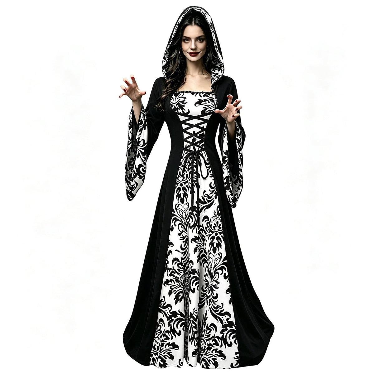 KICILVS Witch Costume Women Hooded Gothic Robe Corset Waist Bell Sleeve Maxi Length Damask Print Vampire Cloak Outfit White