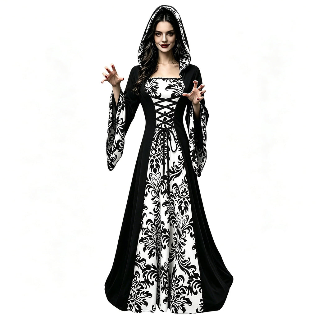 ZGRBOU Womens Vampire Witch Dress Halloween Cosplay Costumes Masquerade Hooded Gown Dress Medieval Gothic Dress Plus Size