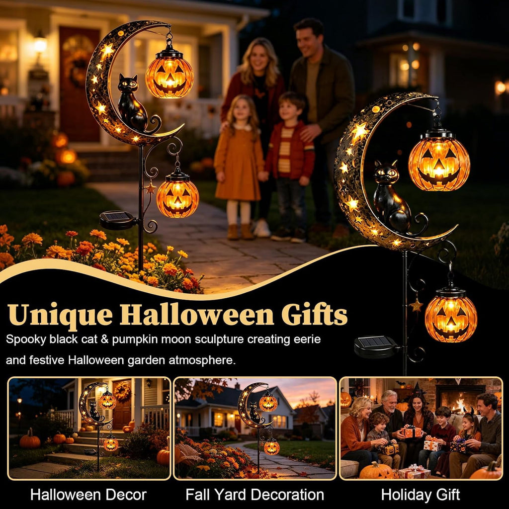 Solar Halloween Black Cat & Pumpkin Moon Garden Stake Light | Waterproof Metal Black Cat Yard Ornament, Auto On Off Solar Outdoor Light, Fall Halloween Decor Stake for Lawn Patio Pathway