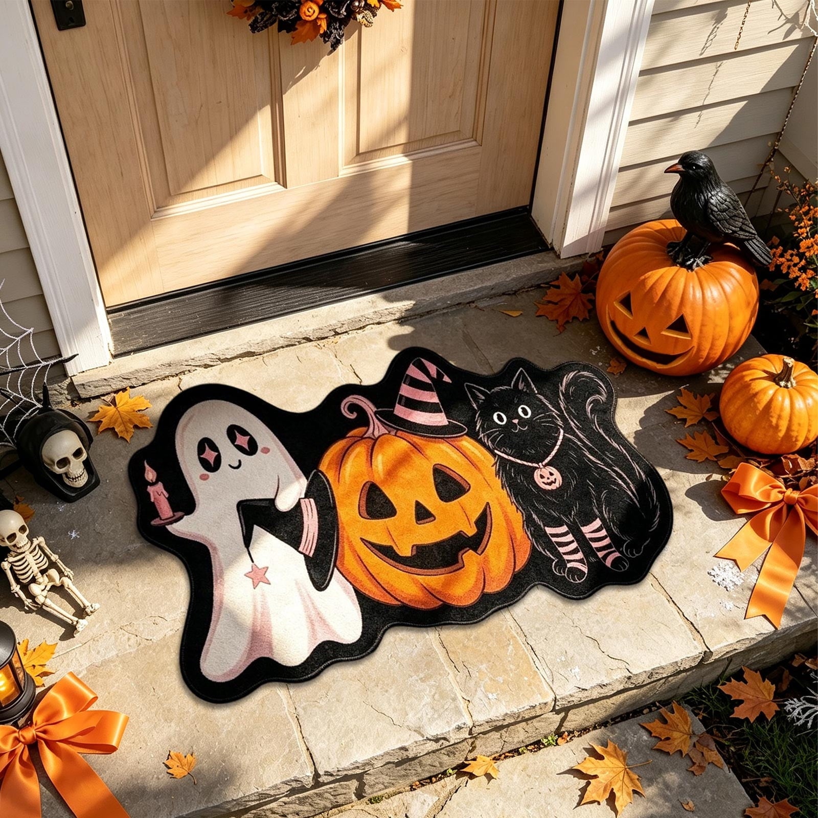 Halloween Doormat Ghost Bath Mat 23.6x15.7in Secure-Grip Absorbent Soft Faux Fur Rug for Bathroom Bedroom Living Room Decor by OVFUIZ