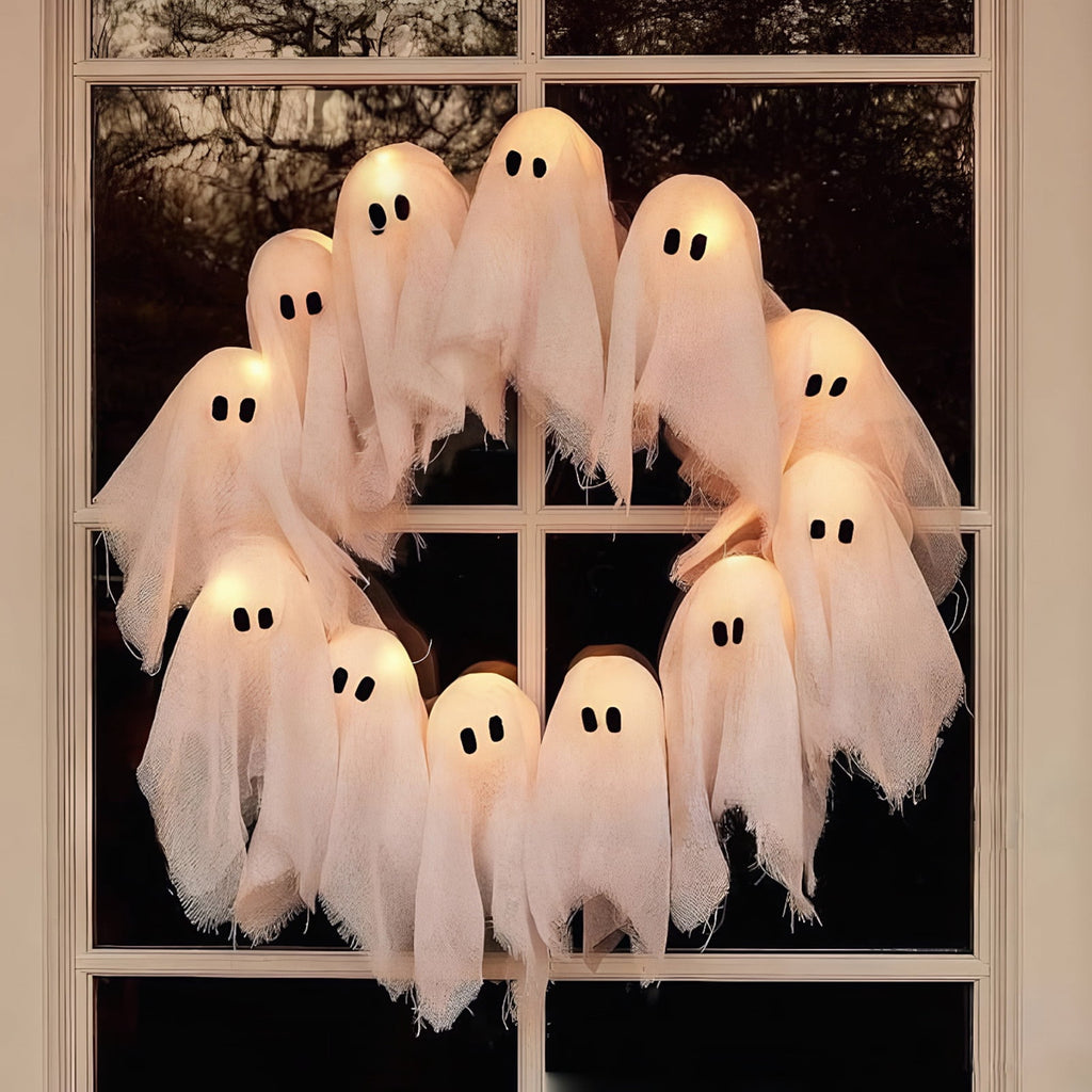 Halloween Glowing Ghost Wreath, Light-up Spooky Wreath with 12 Ghost Decor, RC, 6H Timer, Ideal for Halloween Party (A 12x3inch)