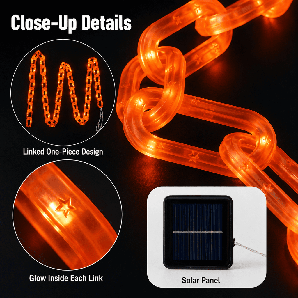 DAKIMOE Halloween Decoration Chain String Lights Orange Light Up Plastic Chain Decoration 10FT Long Glowing Link Chain for Haunted House Party Porch Yard Door Indoor Outdoor Halloween Decor