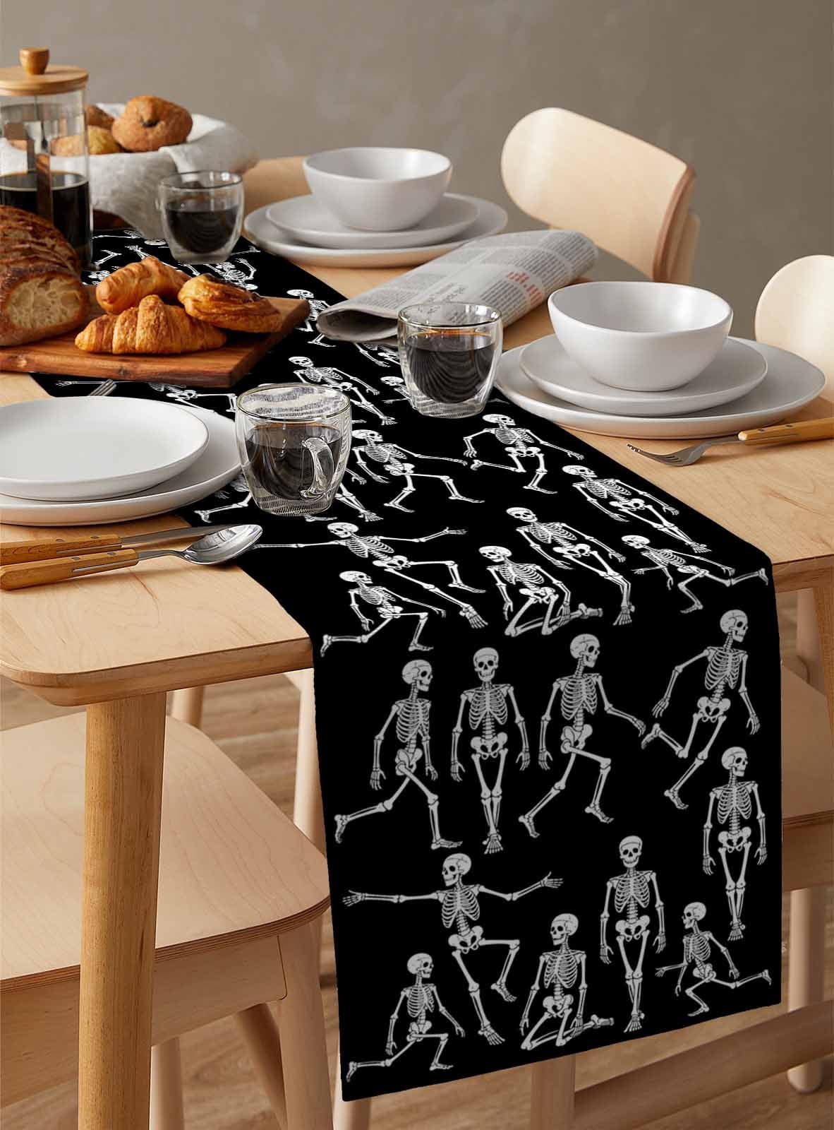 Halloween Burlap Cotton Table Runner 13x120 Inches Long, Funny Skeleton Spooky Scary Skull Black Farmhouse Table Runners, Outdoor Dining Tablecloths Decor for Baby Shower/Party/Wedding