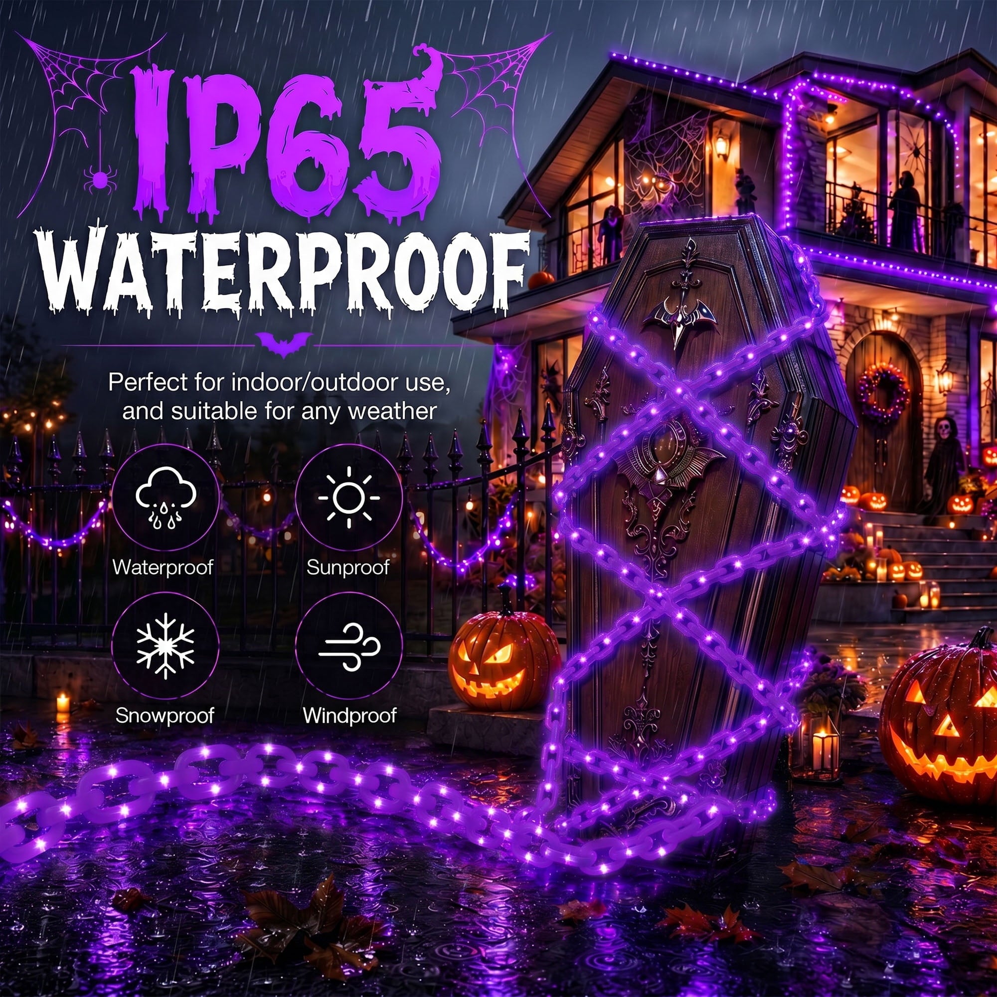 VOLIVO Halloween Chain Lights, 10FT 8 Modes Waterproof Battery Operated Halloween Decorations for Outdoor Party, Cosplay, Spooky (Purple)