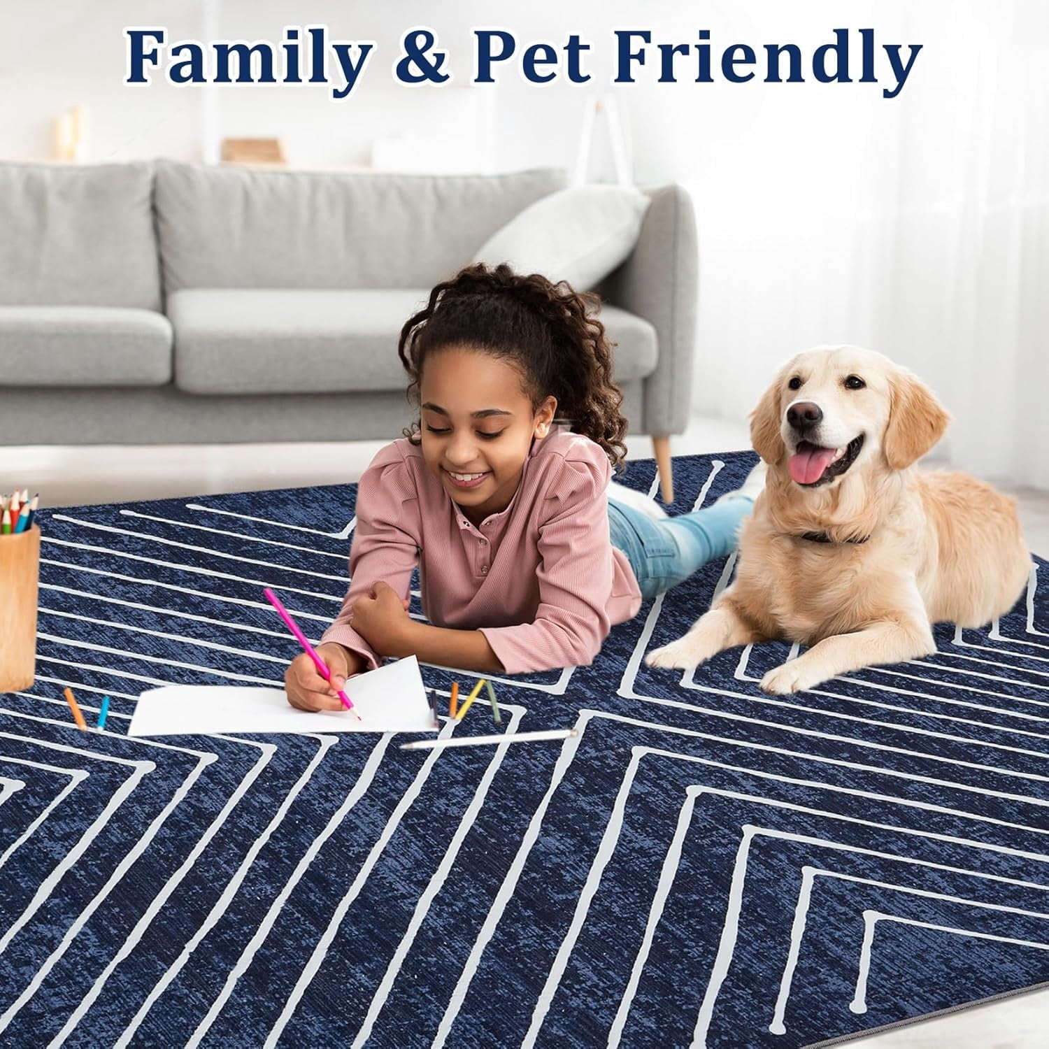 Washable Rug 10x13 Area Rug for Bedroom Modern Living Room Rug Non Slip Striped Large Area Rug Soft Non Shedding Throw Rugs Stain Resistant Carpet for Dining Room Nursery Navy 10'x13'