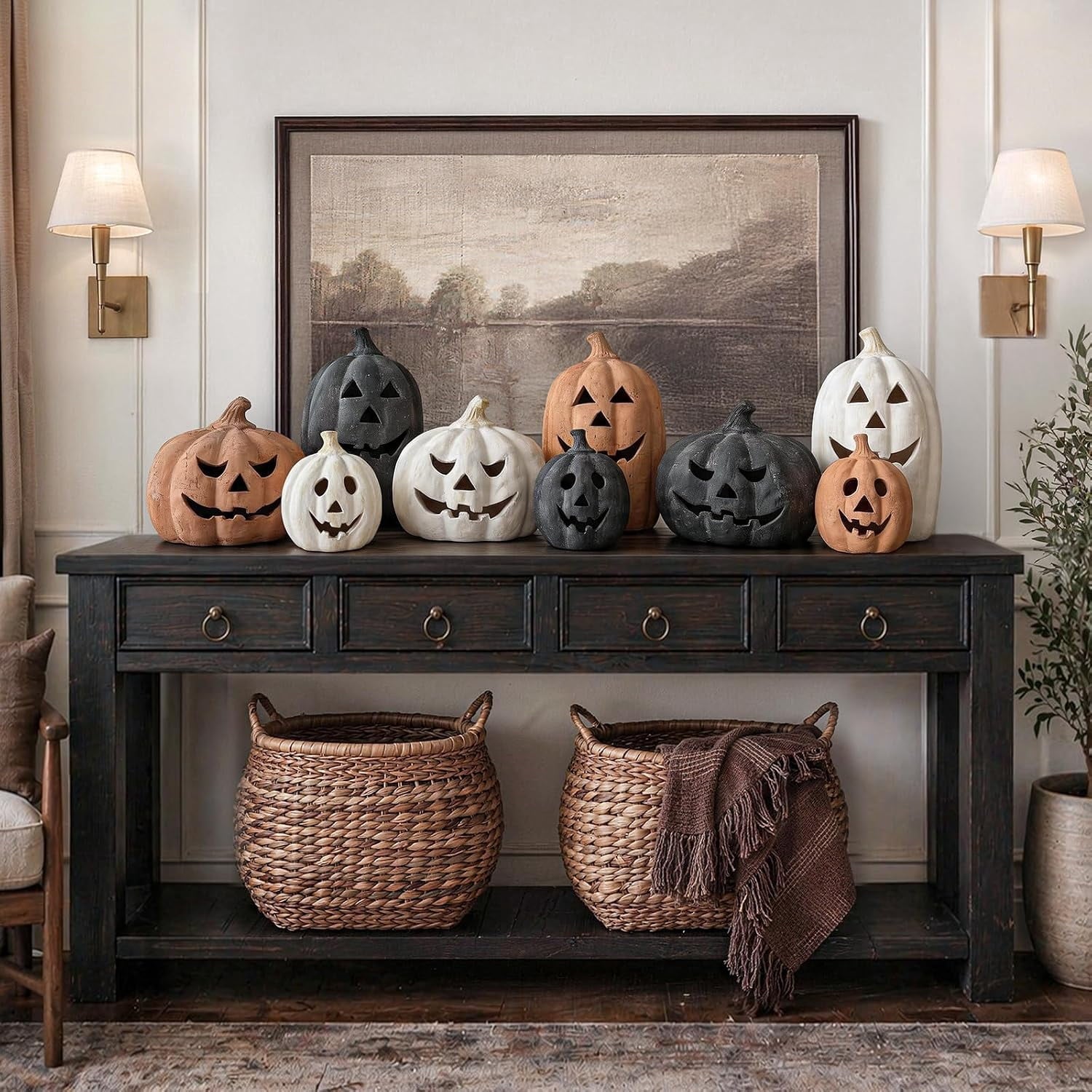 Fall Decor - Halloween Decorations - 5.9"H White Handmade Resin Pumpkin Jack O' Lantern with Flameless Candle - Outdoor Indoor Autumn Decoration for Table Centerpieces Porch Room Front Door