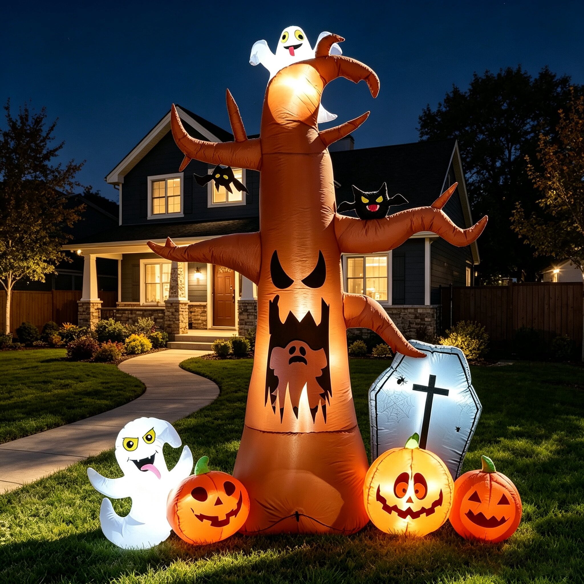 Coolmade 8 ft Halloween Inflatable Dead Tree with Ghost Pumpkins Tombstone Bat Built‑in LED Lights Outdoor Yard Decor`