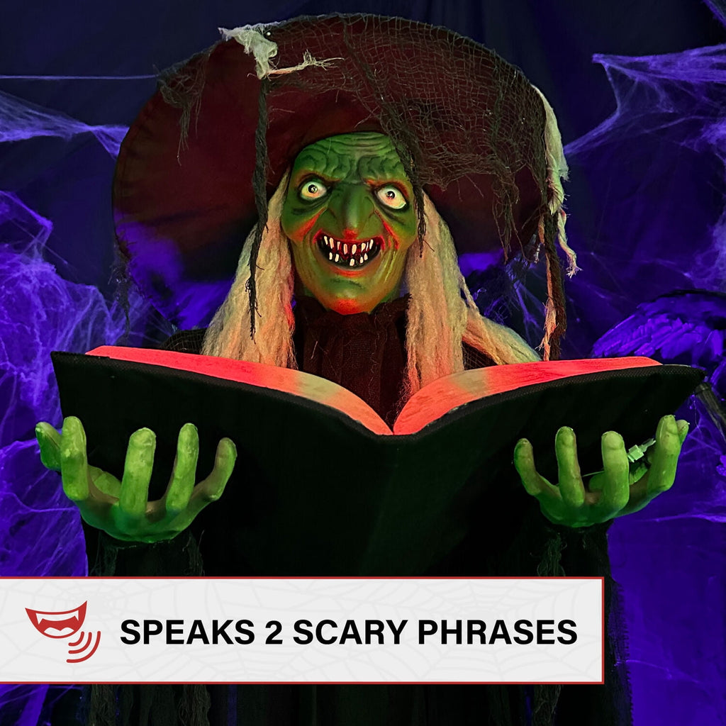 Haunted Hill Farm 5.5 ft Poseable Witch with Spell Book, Lights and Sound, Indoor/Covered Outdoor Halloween Decoration, HHWITCH-9FLS