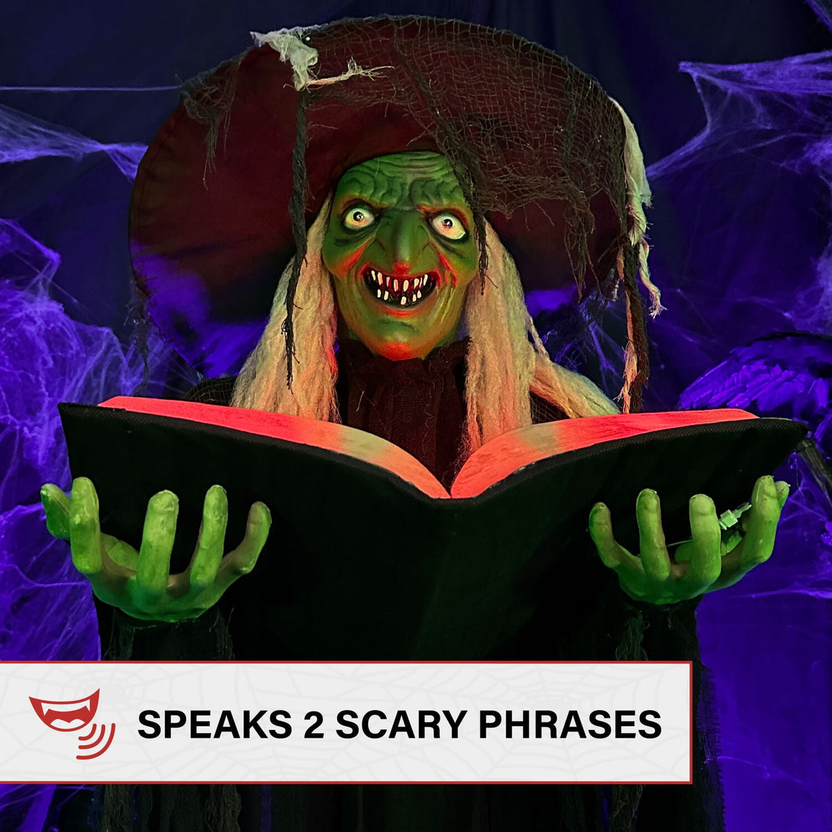Haunted Hill Farm 5.5 ft Poseable Witch with Spell Book, Lights and Sound, Indoor/Covered Outdoor Halloween Decoration, HHWITCH-9FLS