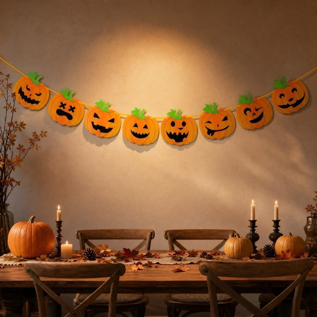 Halloween Decorations Cute Spooky Felt Garland, Black Bead Chain Pumpkin Witch Hat Ghost Banner for Home Indoor Holiday Decor