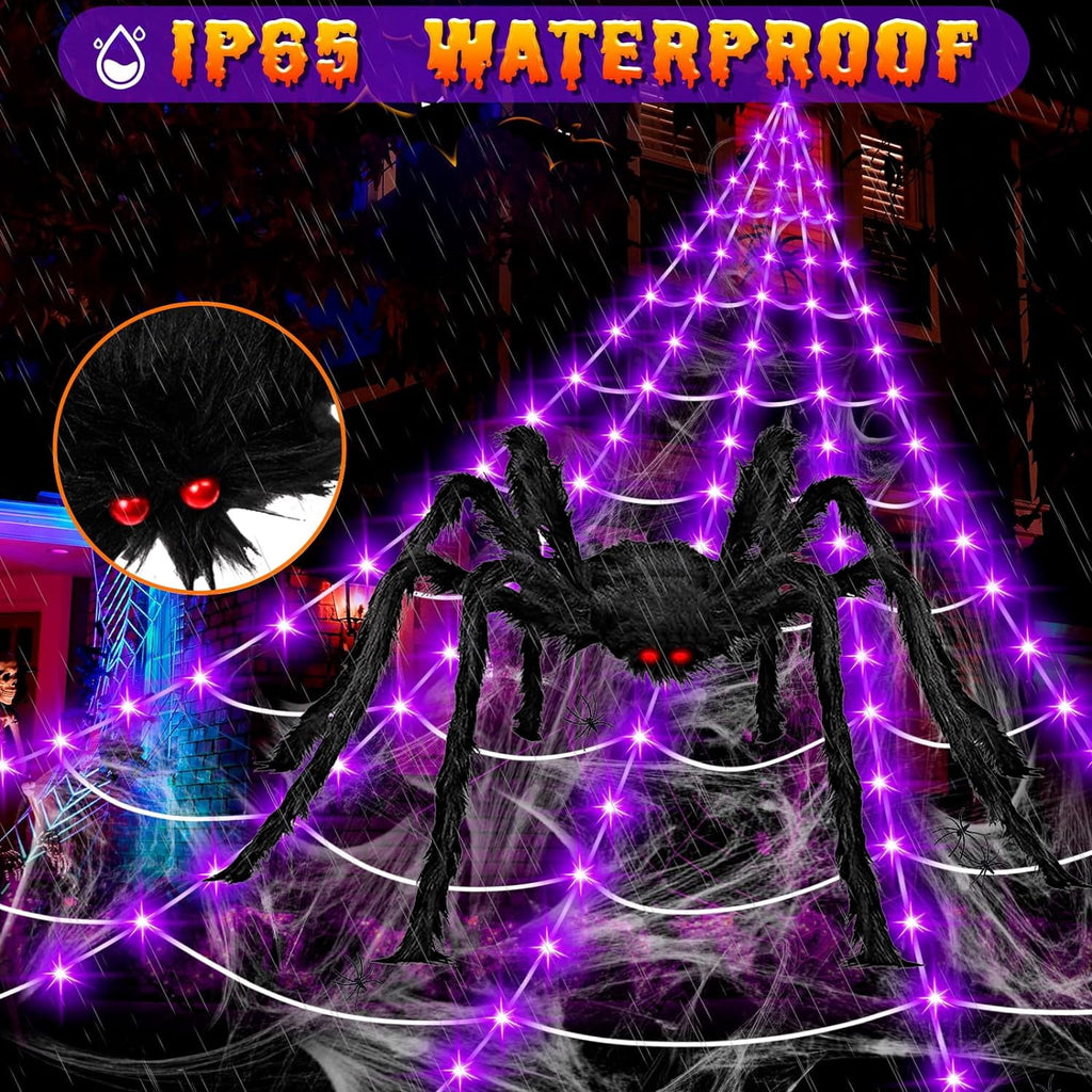 Spider Web Halloween Decorations Outdoor Lights, 200 Purple LED Light Up 16.4Ft Giant Spiderweb & 60" Large Spider & 20 Small Spiders, 8 Modes Lighted Decor for Yard Outside