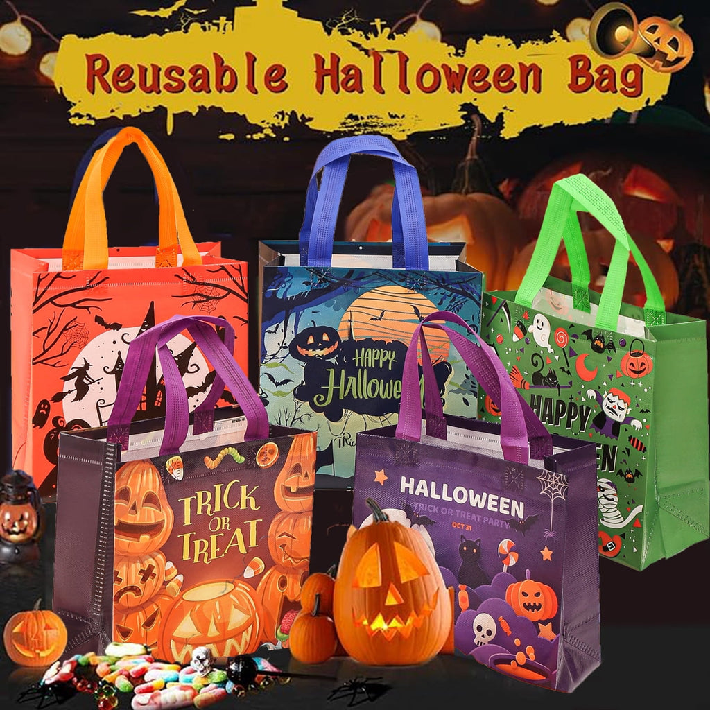 12 Packs Halloween Trick or Treat Bags, Reusable Non-Woven Gift Tote With Handles, Goodie Bags for Party Supplies, 9.06*8.66*4.33