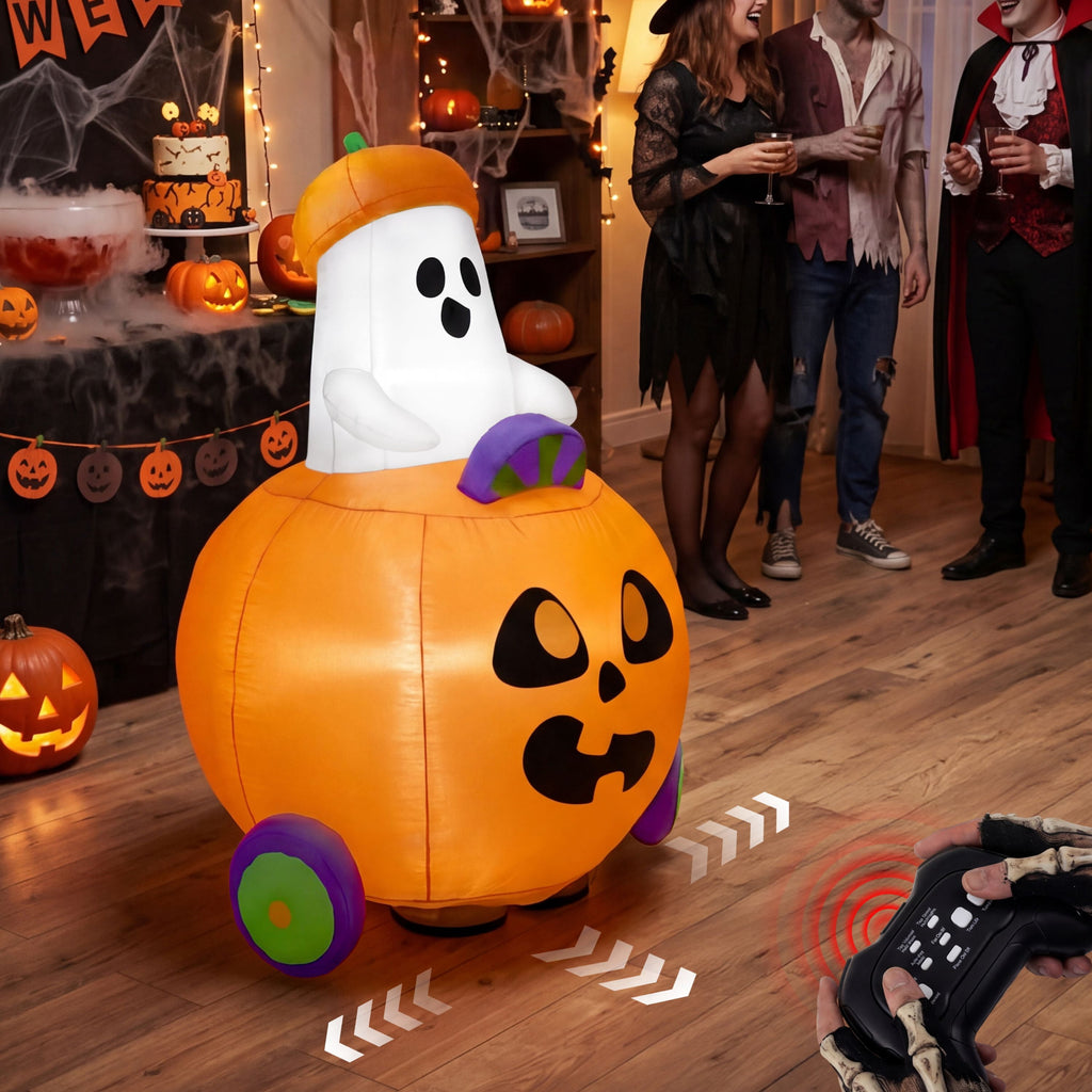 Joyfy 5ft Halloween Inflatables Light up Cute Ghost,Blow Up Ghost Lift Pumpkin Candy Bag with Build-in LEDs for Yard Decorations
