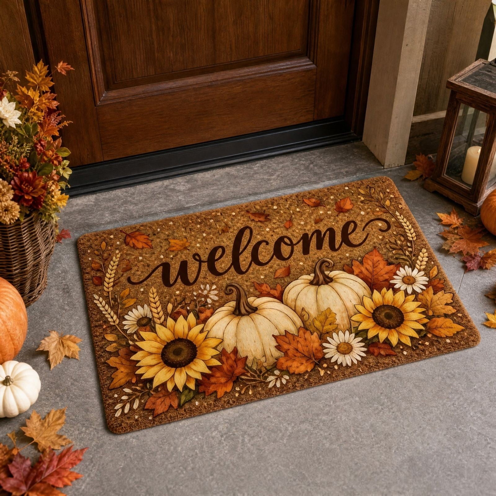 Fall Thanksgiving Welcome Doormat with Pumpkin Maple Leaf Design 15.75 x 23.62 Inch Crystal Velvet Seasonal Rug for Entryway Kitchen Home Decor