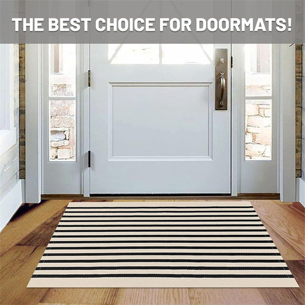 Fall Front Door Mat 15"x24", Black and Khaki Striped Layered Door Mat Outdoor, Washable Farmhouse Front Porch Rug Halloween Thanksgiving Decorations, Cotton Hand Woven Entryway Rug